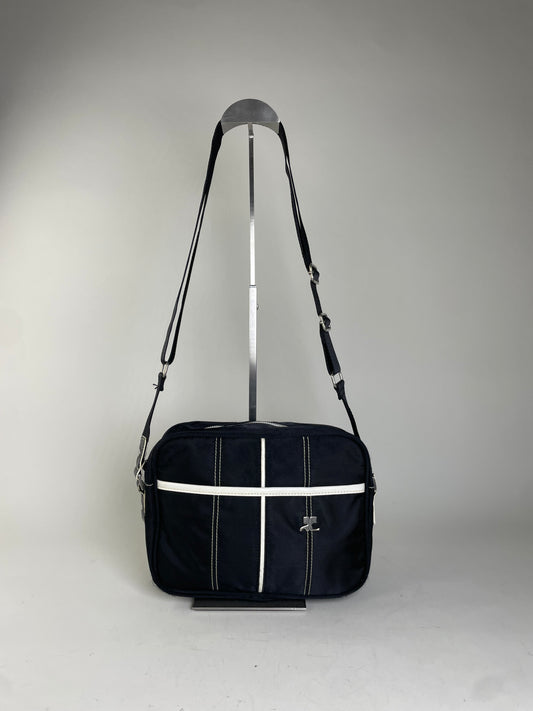 Vintage Courreges Nylon Messenger Bag Black White