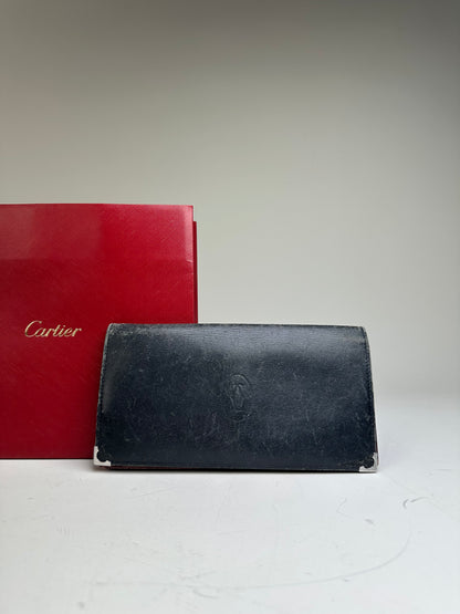 Vintage Cartier Leather Bifold Wallet Black Burgundy Silver