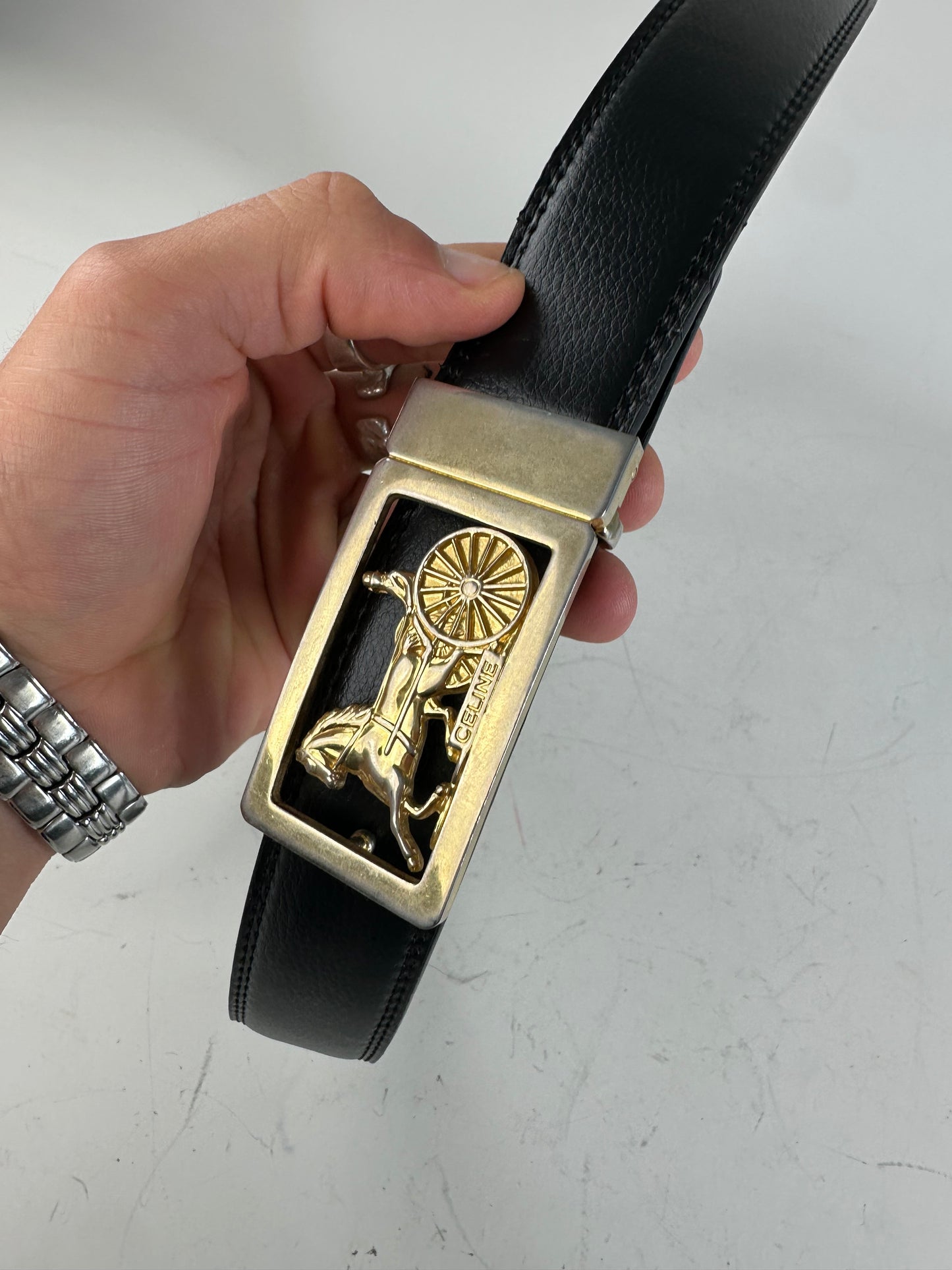 Vintage Celine Leather Belt Black Gold Horse Carriage Buckle