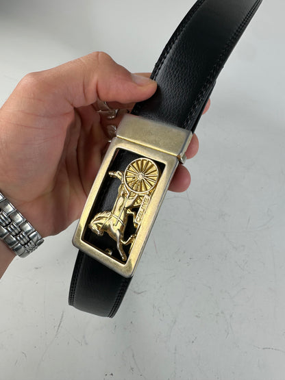 Vintage Celine Leather Belt Black Gold Horse Carriage Buckle