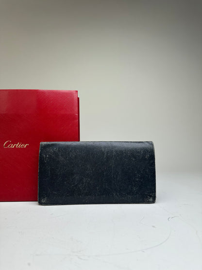 Vintage Cartier Leather Bifold Wallet Black Burgundy Silver