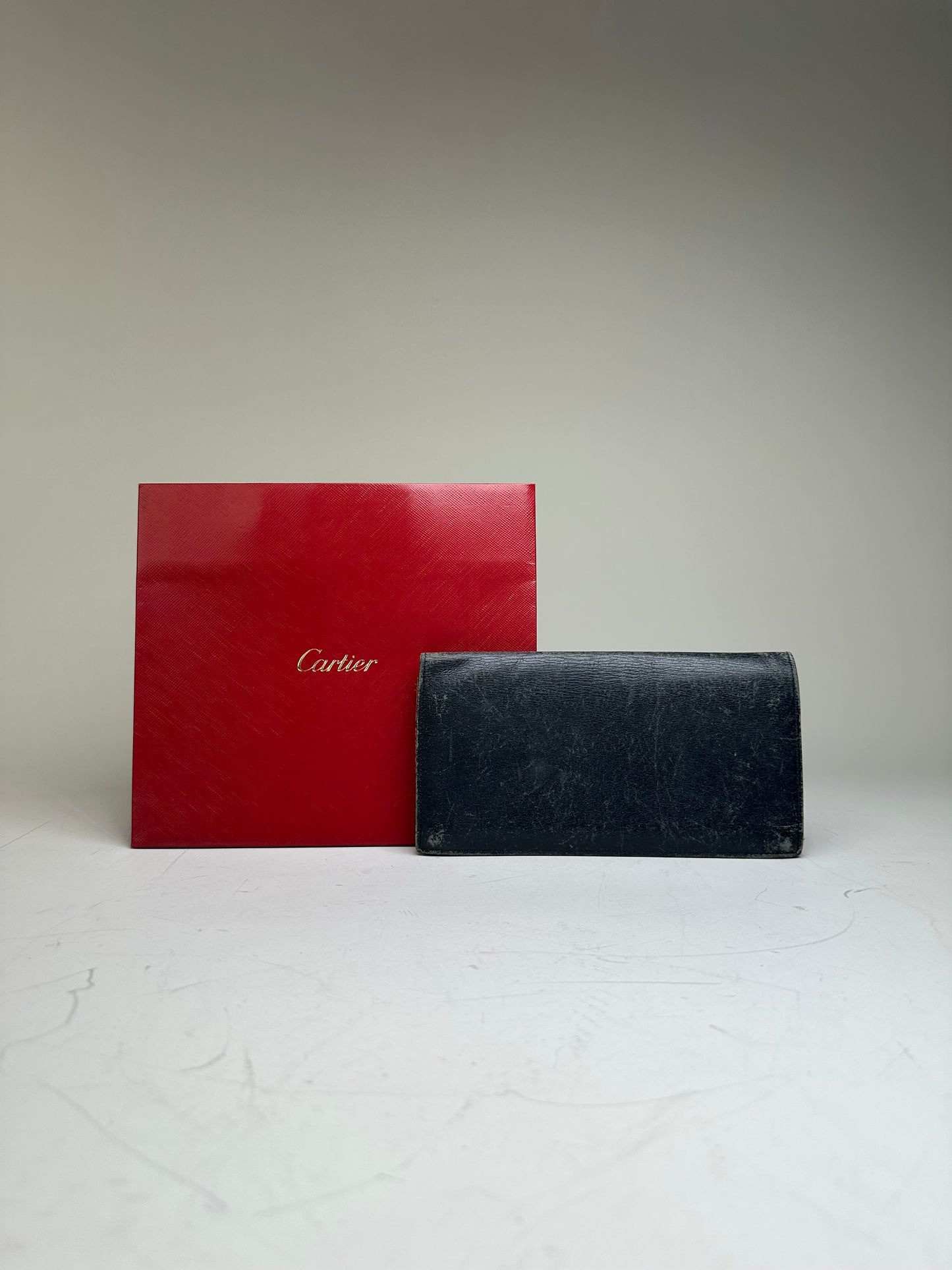 Vintage Cartier Leather Bifold Wallet Black Burgundy Silver