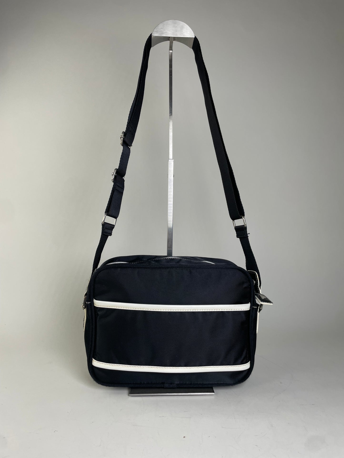 Vintage Courreges Nylon Messenger Bag Black White
