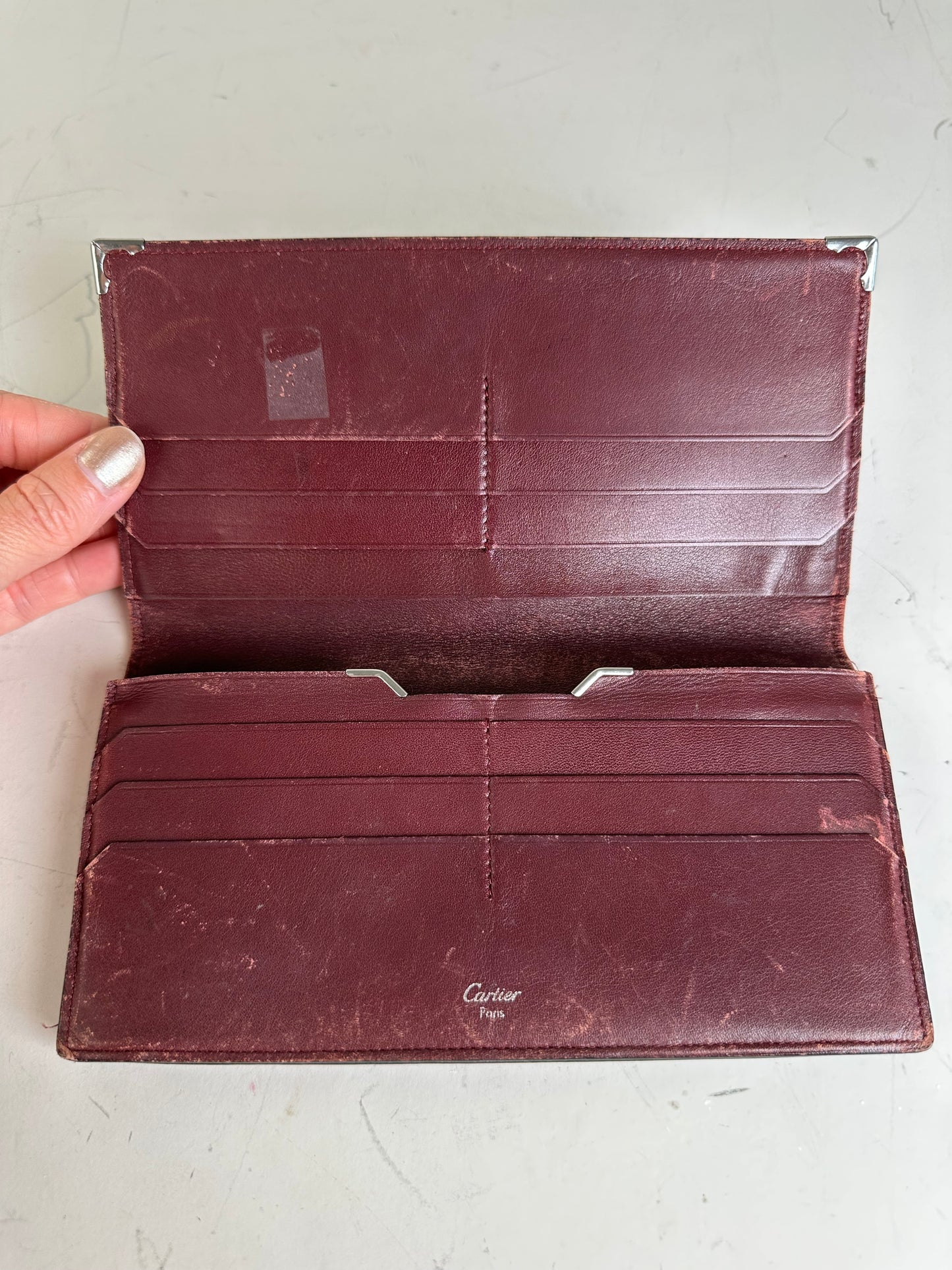 Vintage Cartier Leather Bifold Wallet Black Burgundy Silver