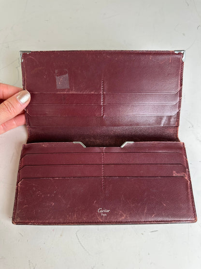 Vintage Cartier Leather Bifold Wallet Black Burgundy Silver