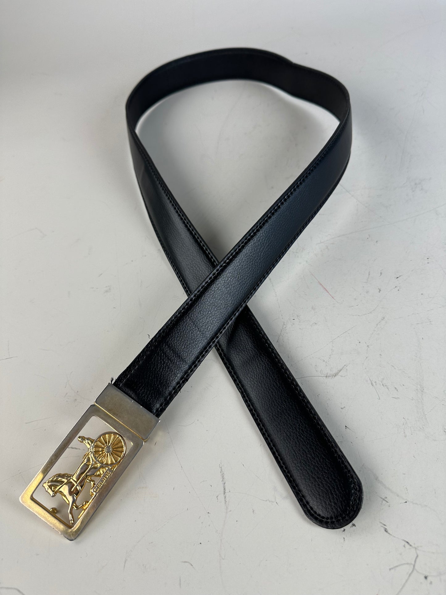 Vintage Celine Leather Belt Black Gold Horse Carriage Buckle