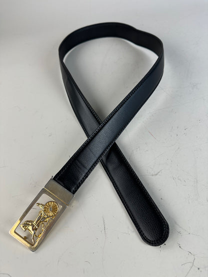 Vintage Celine Leather Belt Black Gold Horse Carriage Buckle