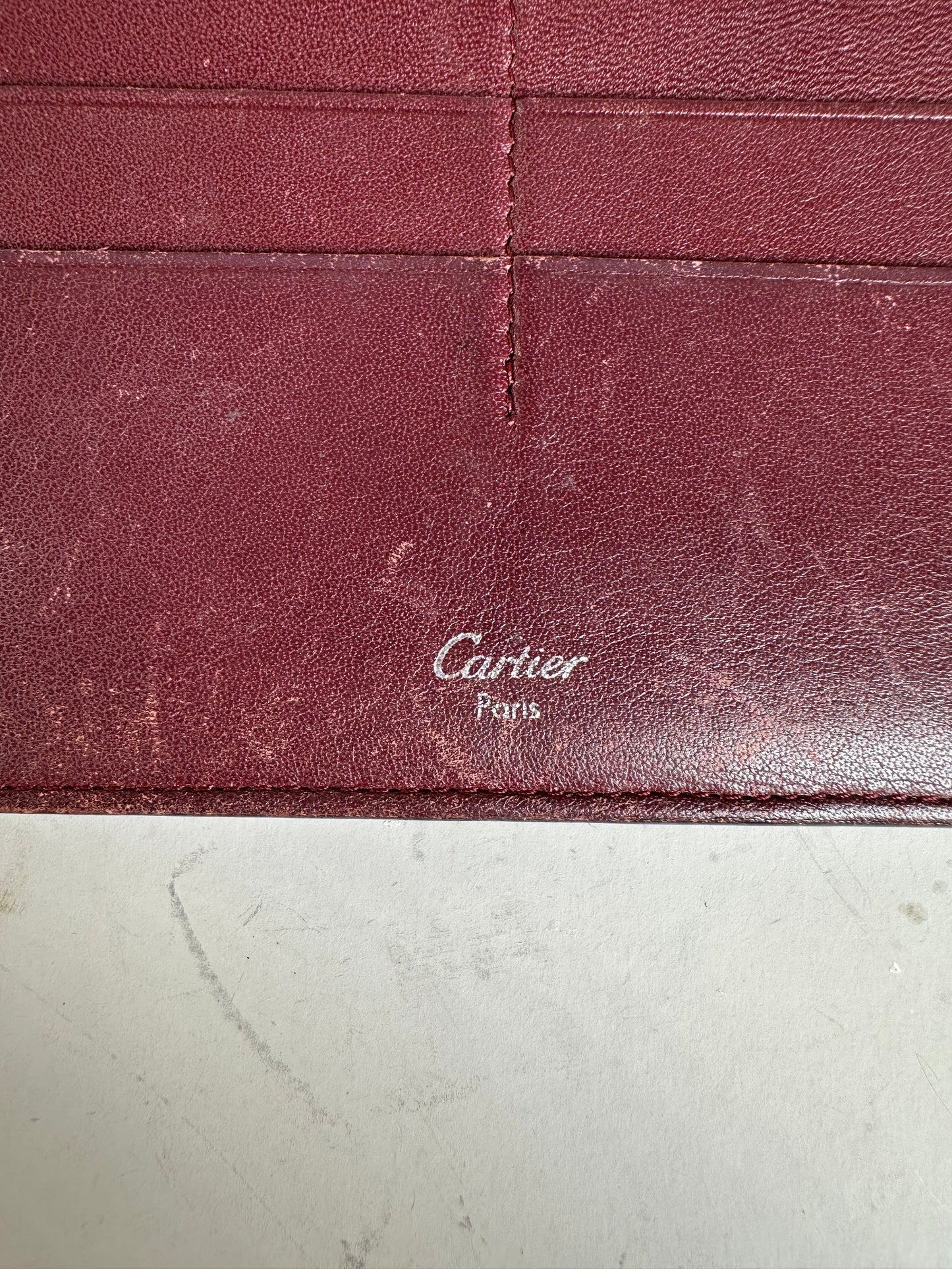 Vintage Cartier Leather Bifold Wallet Black Burgundy Silver