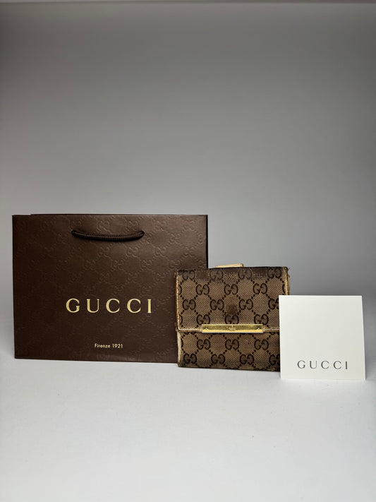 Vintage Gucci Leather Canvas Monogram Wallet Brown white