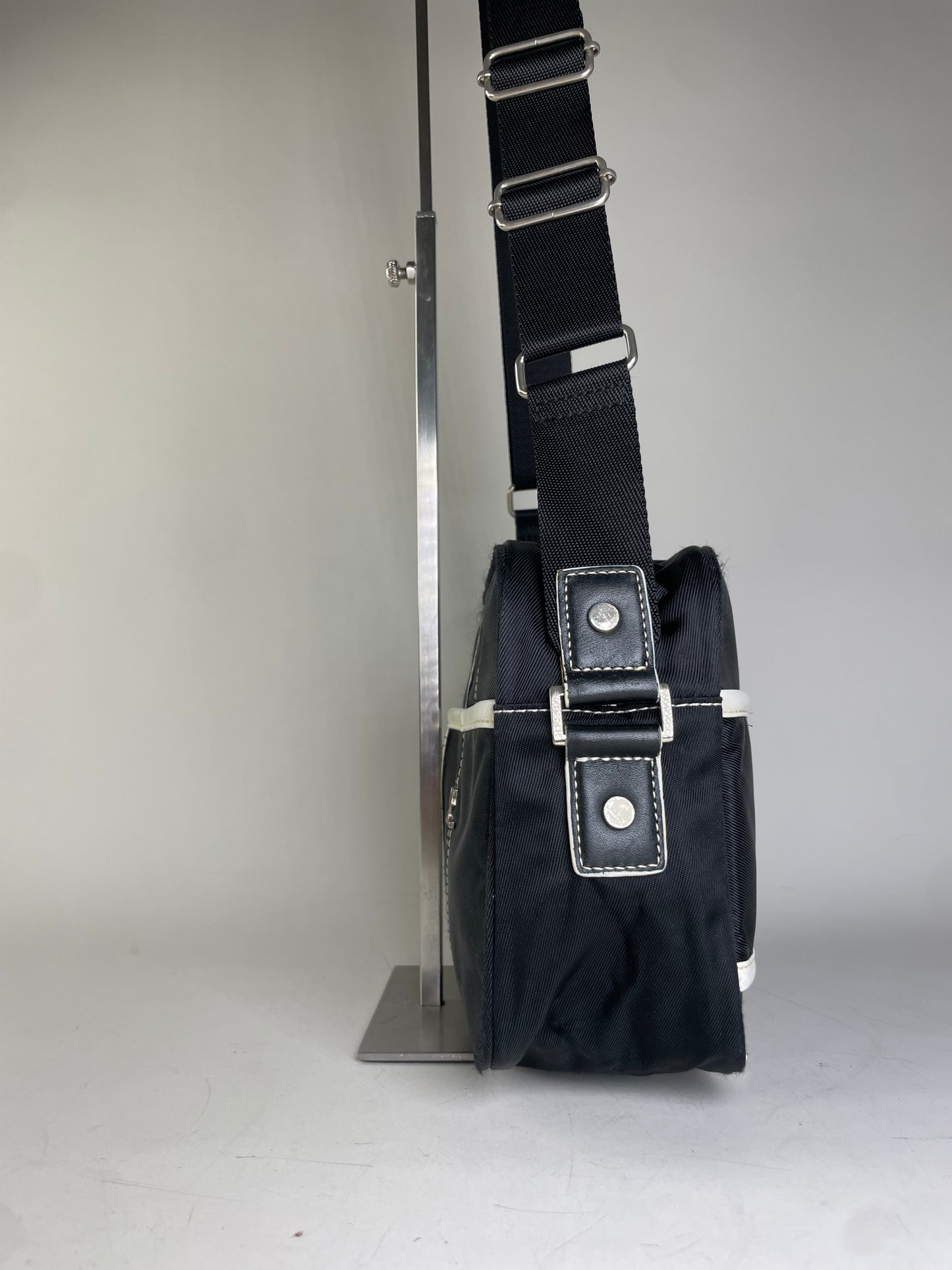 Vintage Courreges Nylon Messenger Bag Black White