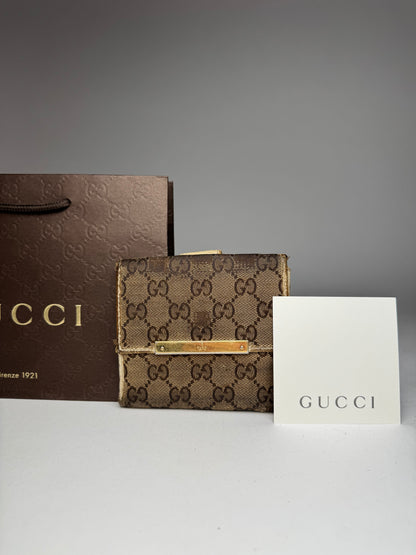 Vintage Gucci Leather Canvas Monogram Wallet Brown white