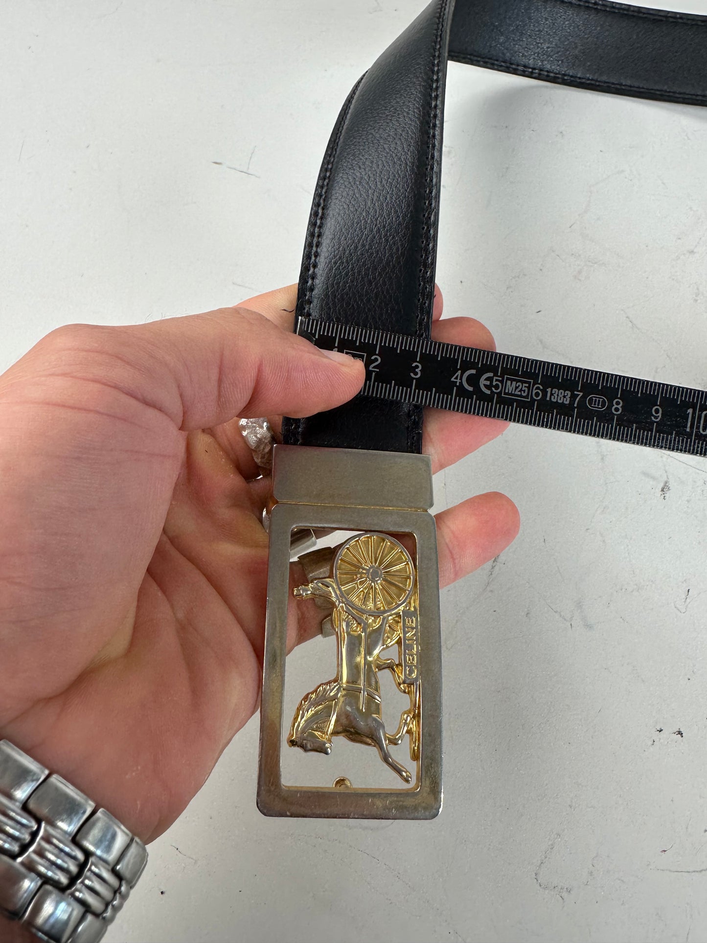 Vintage Celine Leather Belt Black Gold Horse Carriage Buckle