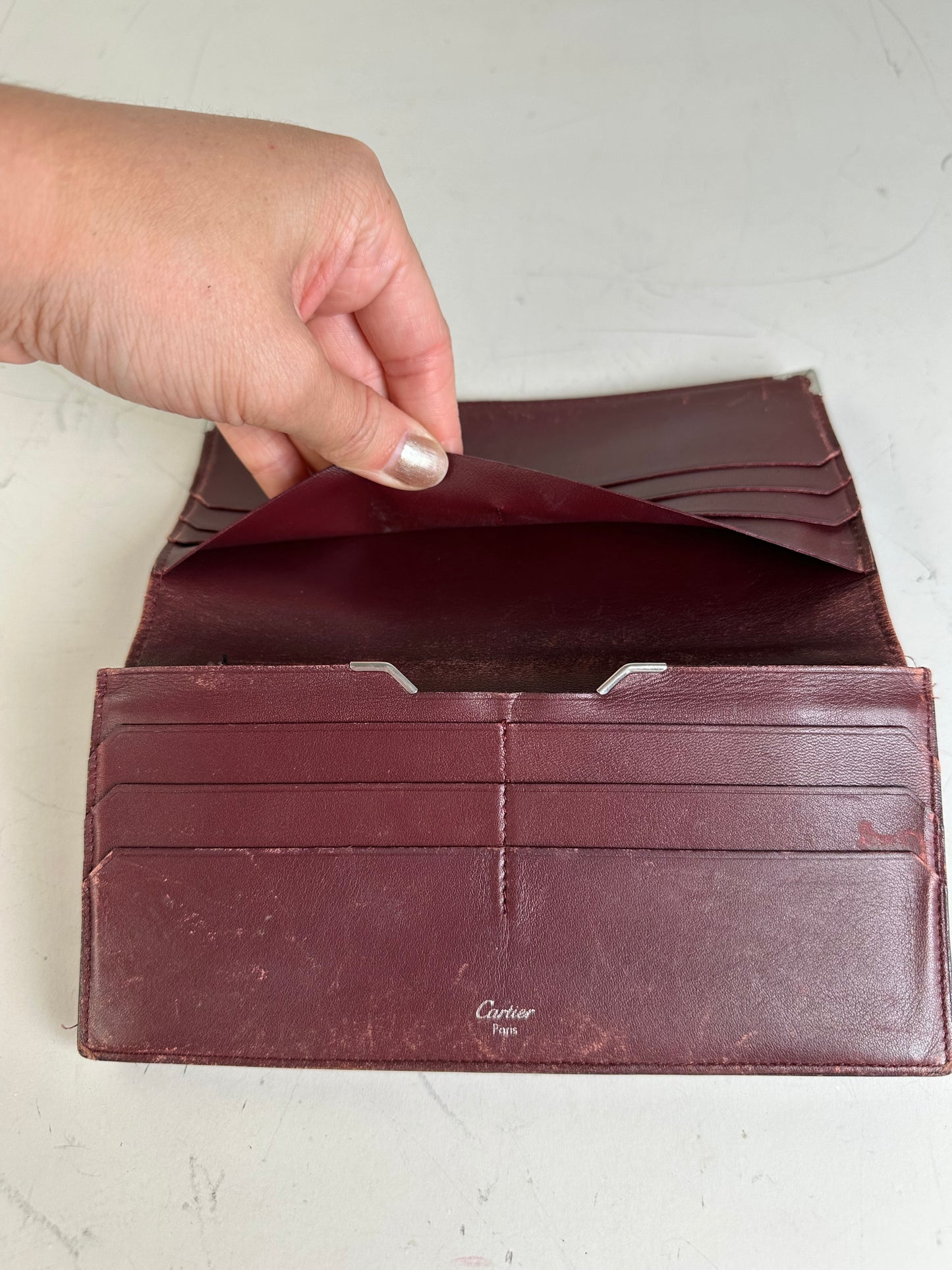 Vintage Cartier Leather Bifold Wallet Black Burgundy Silver