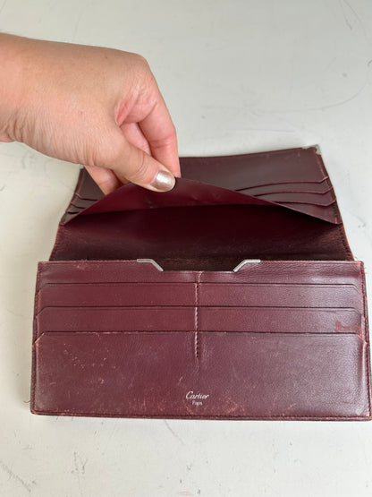 Vintage Cartier Leather Bifold Wallet Black Burgundy Silver