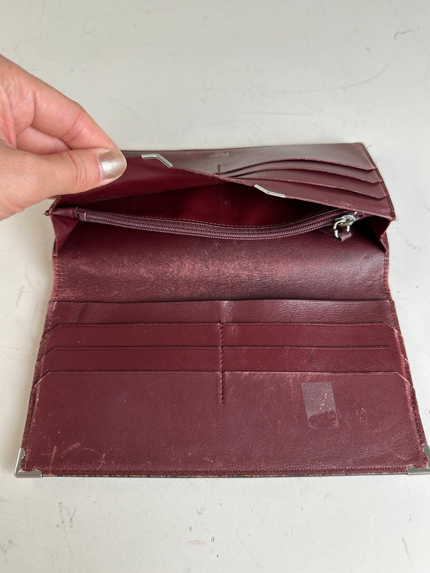 Vintage Cartier Leather Bifold Wallet Black Burgundy Silver