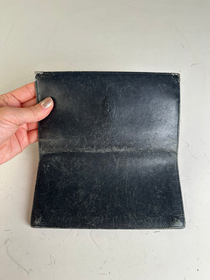 Vintage Cartier Leather Bifold Wallet Black Burgundy Silver