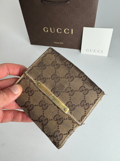 Vintage Gucci Leather Canvas Monogram Wallet Brown white