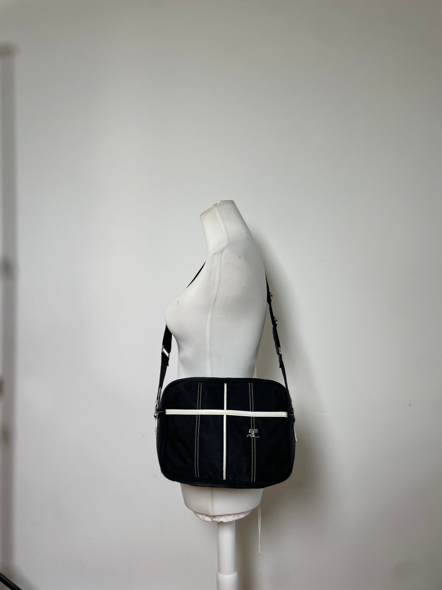 Vintage Courreges Nylon Messenger Bag Black White