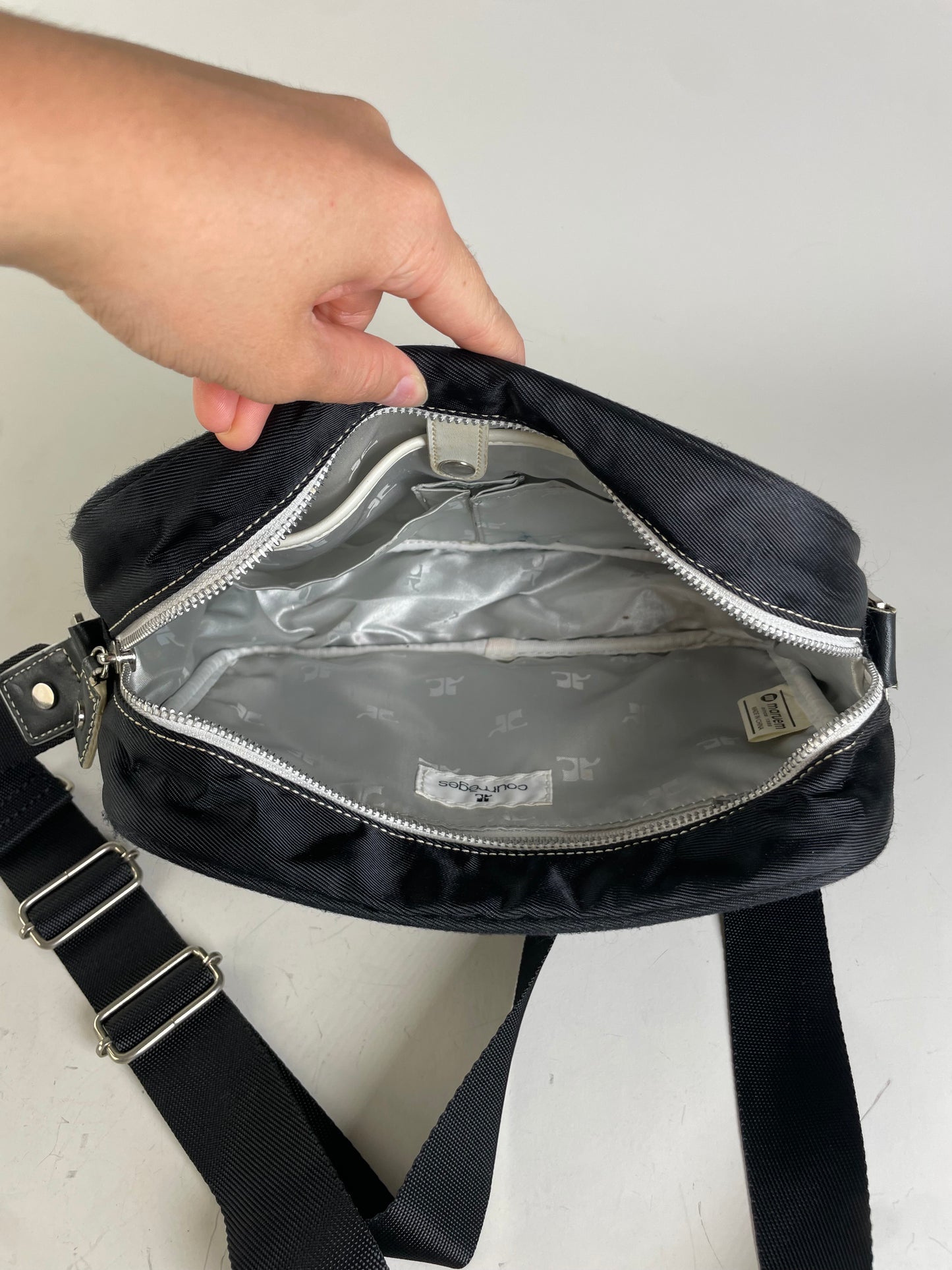 Vintage Courreges Nylon Messenger Bag Black White