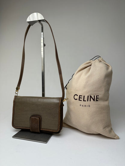 Vintage Celine Coated Canvas Crossbody Flap Bag Brown