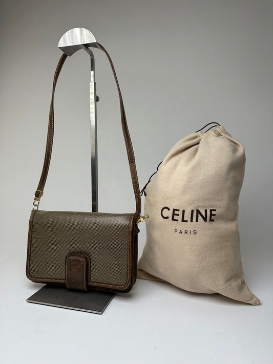 Vintage Celine Coated Canvas Crossbody Flap Bag Brown