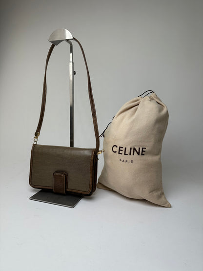 Vintage Celine Coated Canvas Crossbody Flap Bag Brown