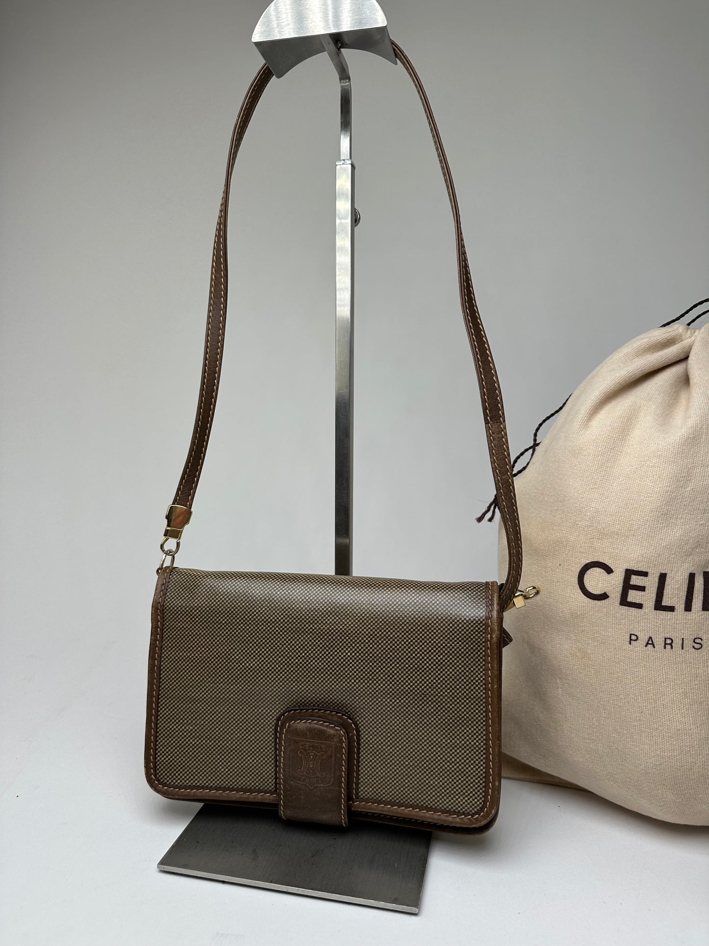 Vintage Celine Coated Canvas Crossbody Flap Bag Brown