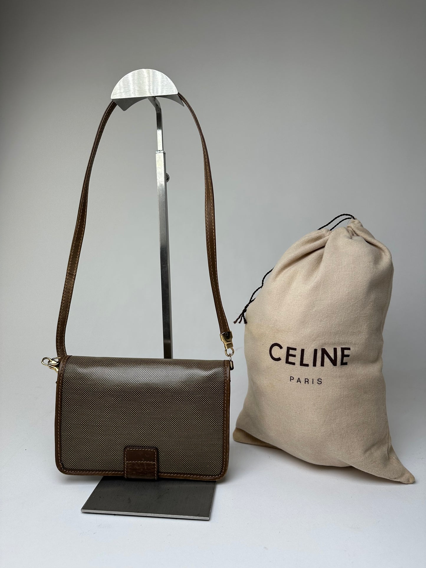 Vintage Celine Coated Canvas Crossbody Flap Bag Brown