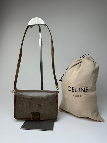 Vintage Celine Coated Canvas Crossbody Flap Bag Brown