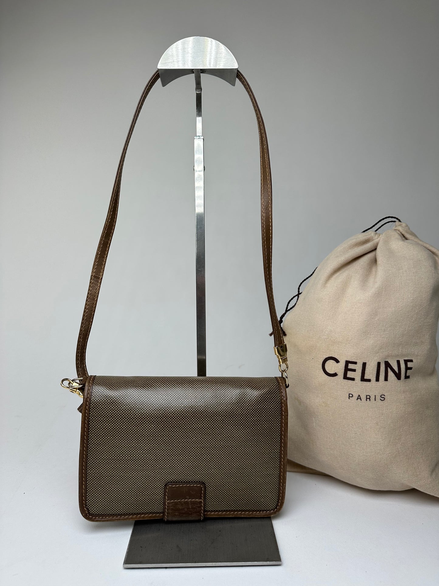 Vintage Celine Coated Canvas Crossbody Flap Bag Brown