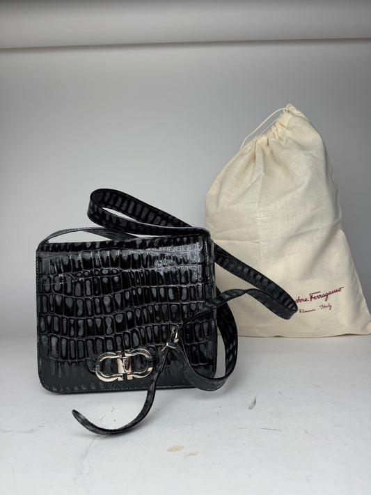 Vintage Salvatore Ferragamo Patent Leather Crocodile Emblossed Bag Black
