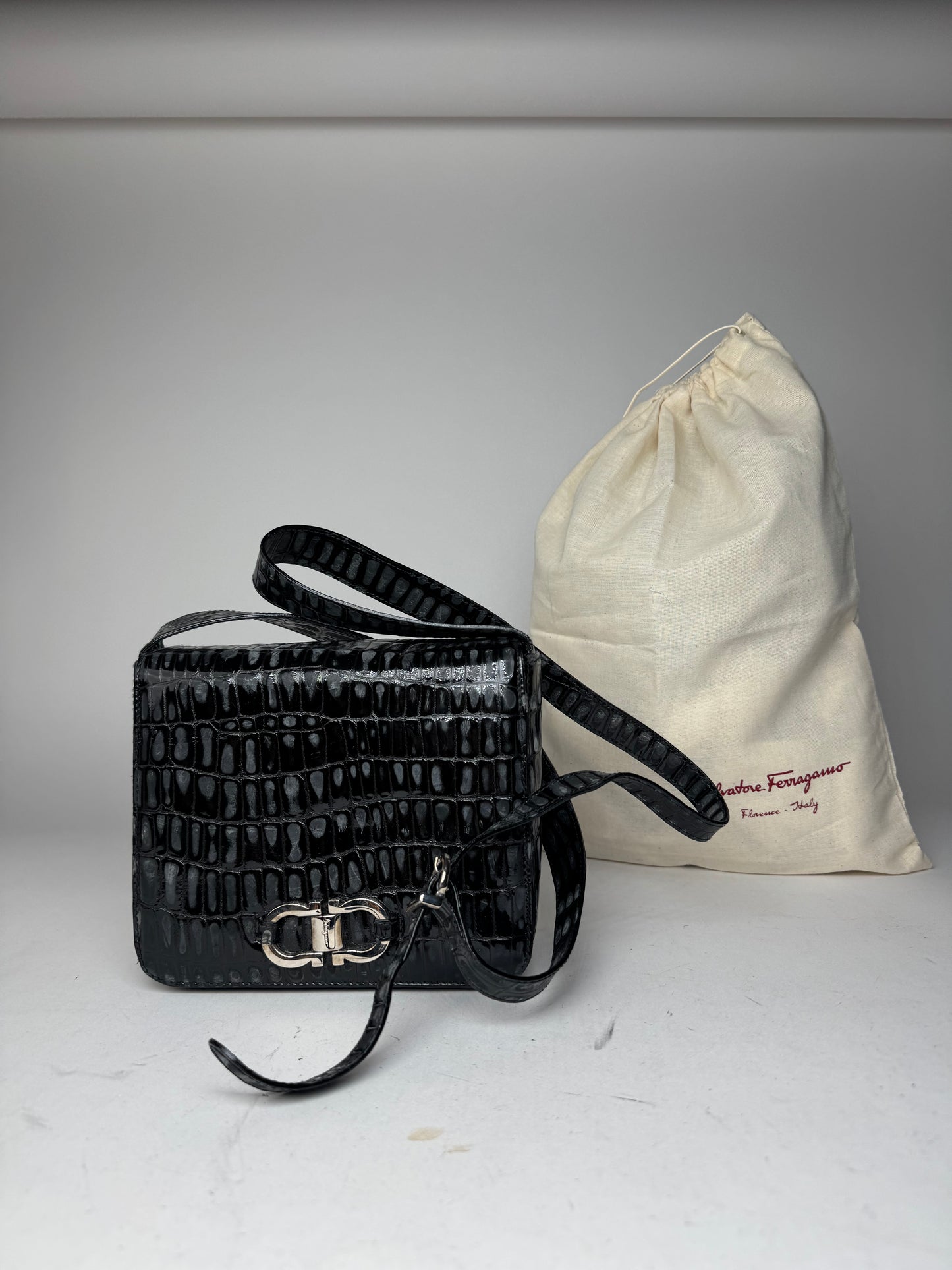 Vintage Salvatore Ferragamo Patent Leather Crocodile Emblossed Bag Black