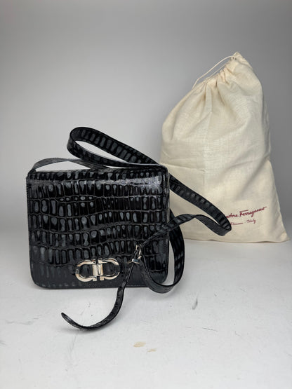 Vintage Salvatore Ferragamo Patent Leather Crocodile Emblossed Bag Black
