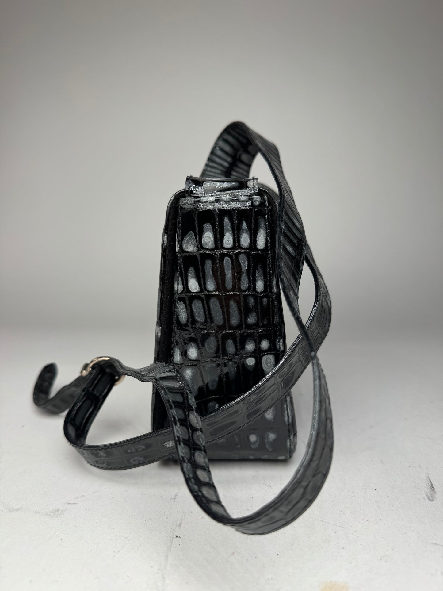 Vintage Salvatore Ferragamo Patent Leather Crocodile Emblossed Bag Black