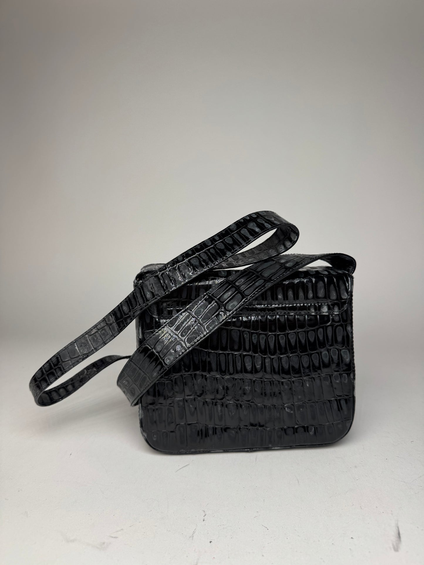 Vintage Salvatore Ferragamo Patent Leather Crocodile Emblossed Bag Black