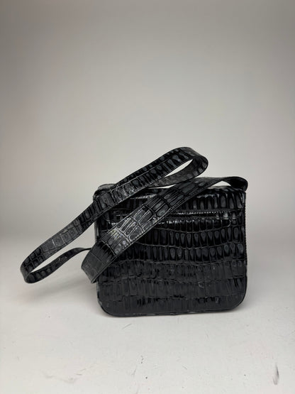 Vintage Salvatore Ferragamo Patent Leather Crocodile Emblossed Bag Black