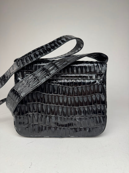 Vintage Salvatore Ferragamo Patent Leather Crocodile Emblossed Bag Black