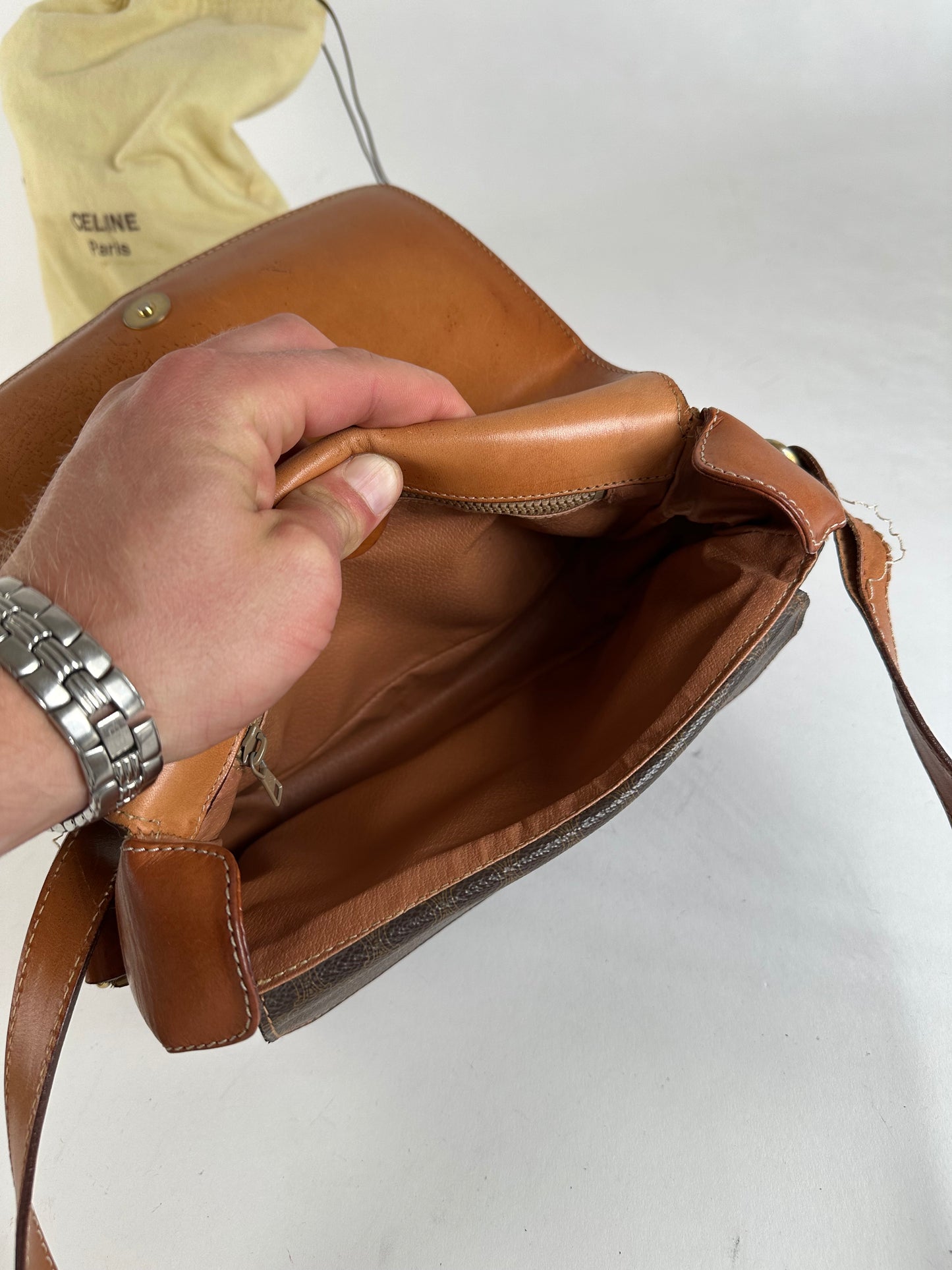 Vintage Celine Macadam Canvas Crossbody Shoulder Bag Dark Brown
