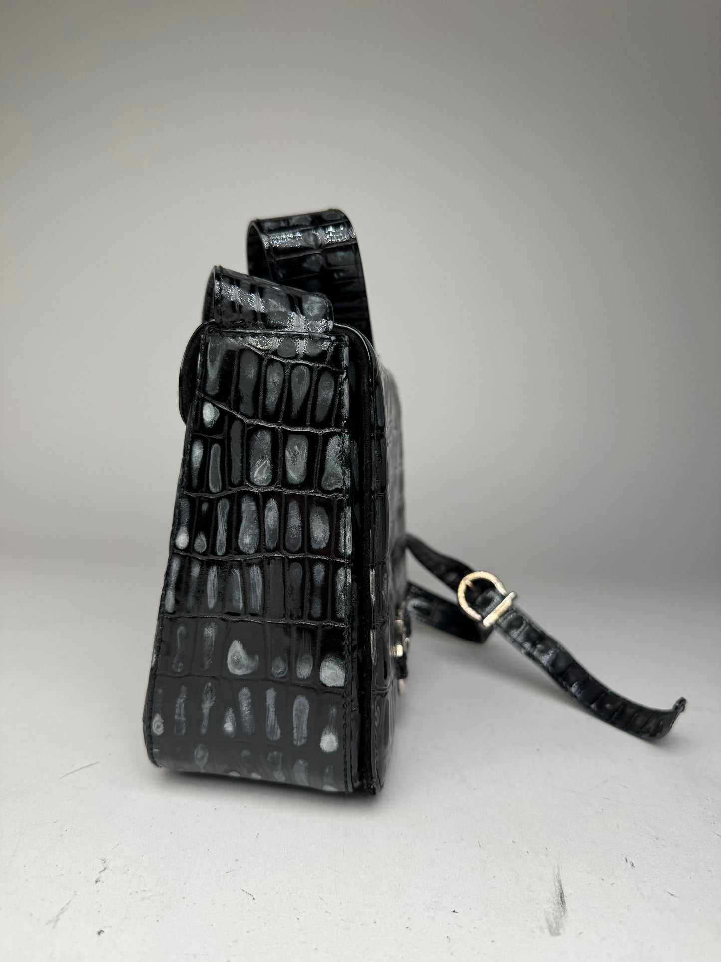 Vintage Salvatore Ferragamo Patent Leather Crocodile Emblossed Bag Black