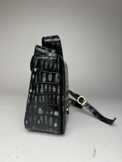 Vintage Salvatore Ferragamo Patent Leather Crocodile Emblossed Bag Black