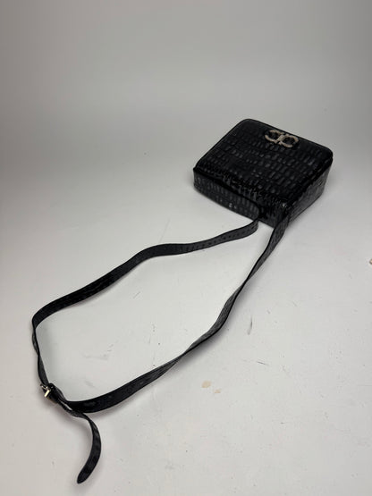 Vintage Salvatore Ferragamo Patent Leather Crocodile Emblossed Bag Black