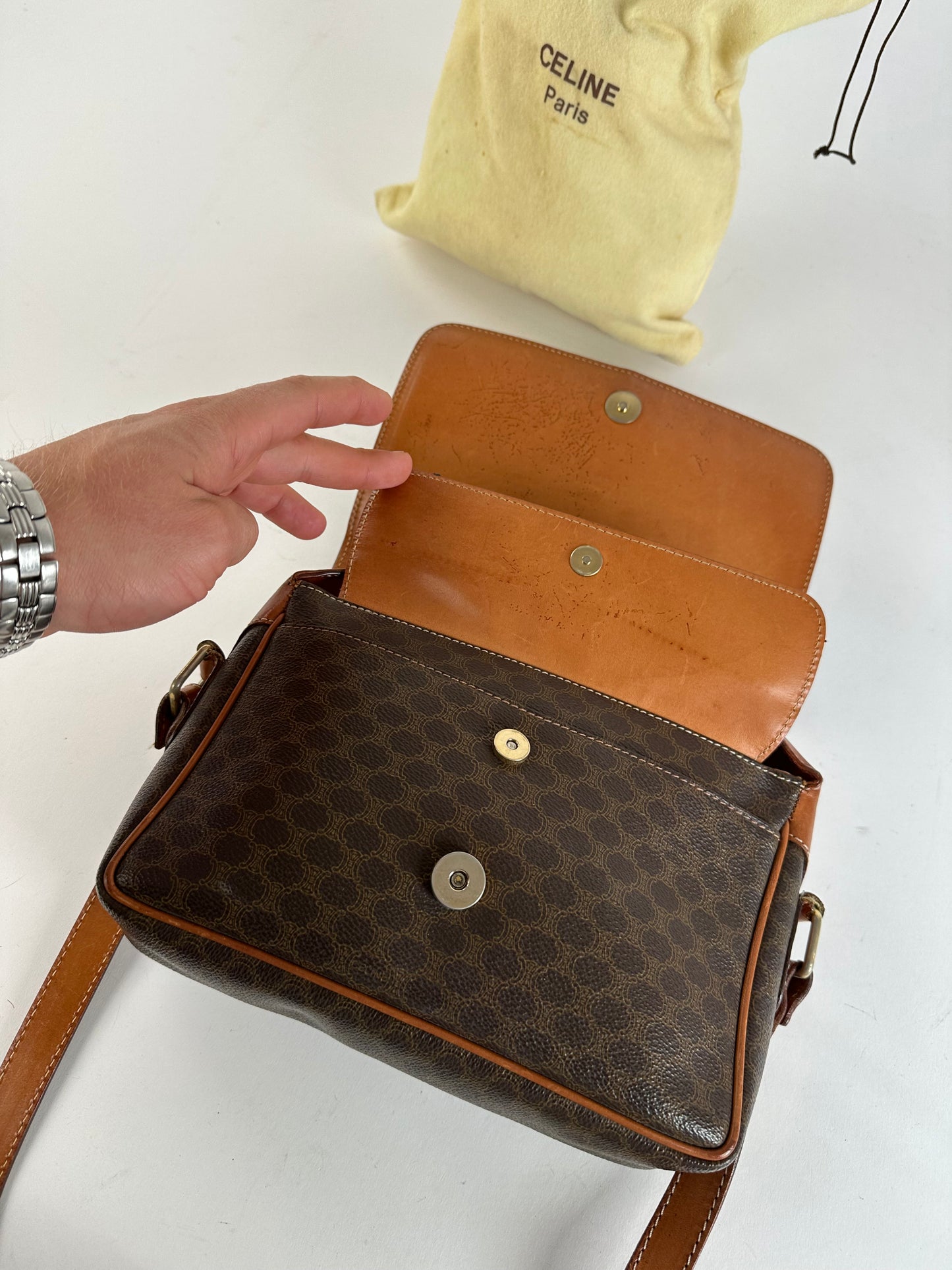 Vintage Celine Macadam Canvas Crossbody Shoulder Bag Dark Brown