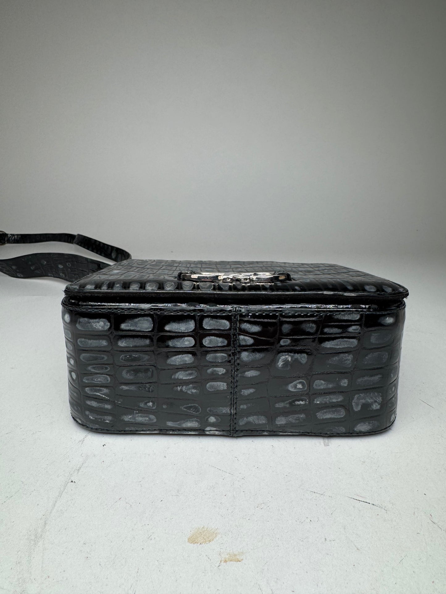 Vintage Salvatore Ferragamo Patent Leather Crocodile Emblossed Bag Black