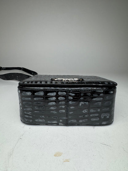 Vintage Salvatore Ferragamo Patent Leather Crocodile Emblossed Bag Black