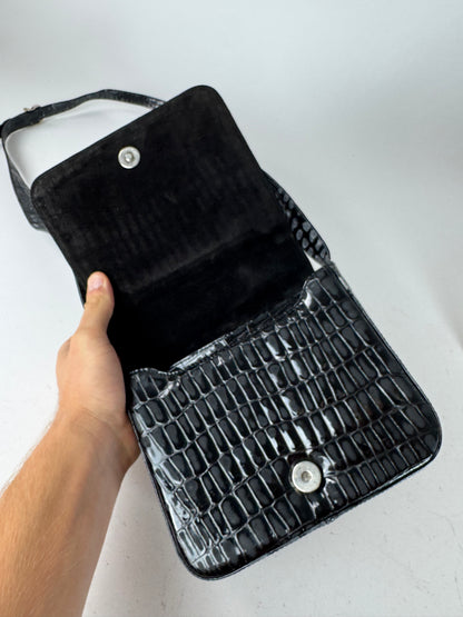 Vintage Salvatore Ferragamo Patent Leather Crocodile Emblossed Bag Black