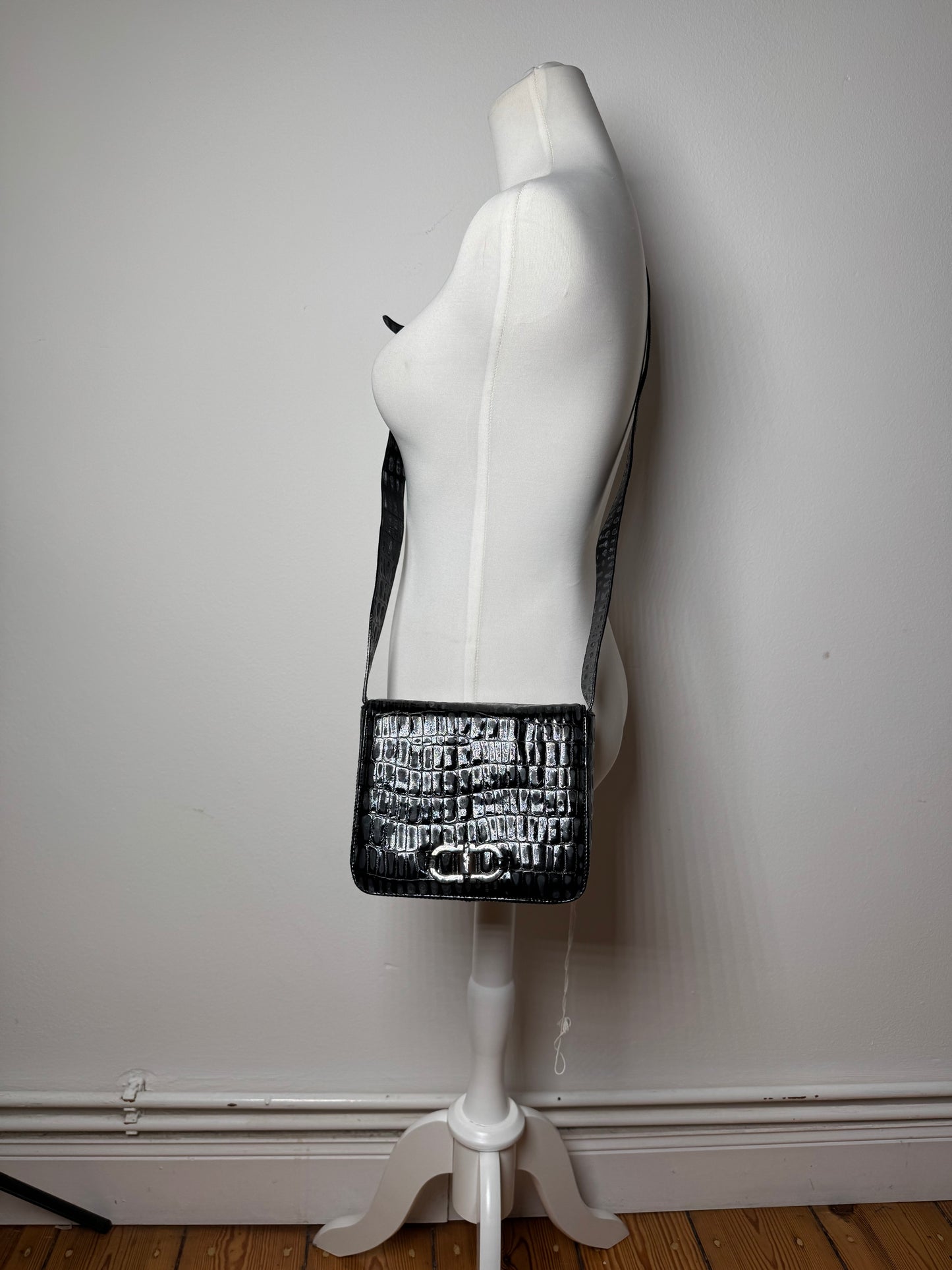 Vintage Salvatore Ferragamo Patent Leather Crocodile Emblossed Bag Black