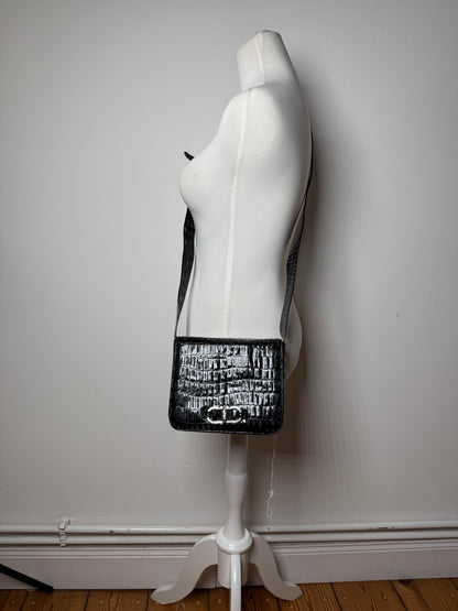 Vintage Salvatore Ferragamo Patent Leather Crocodile Emblossed Bag Black