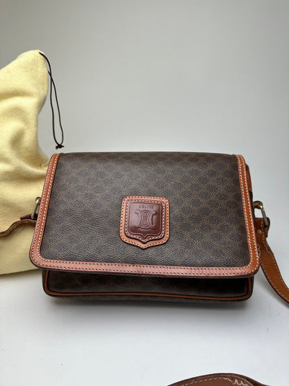 Vintage Celine Macadam Canvas Crossbody Shoulder Bag Dark Brown