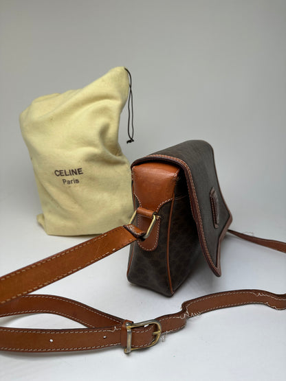 Vintage Celine Macadam Canvas Crossbody Shoulder Bag Dark Brown