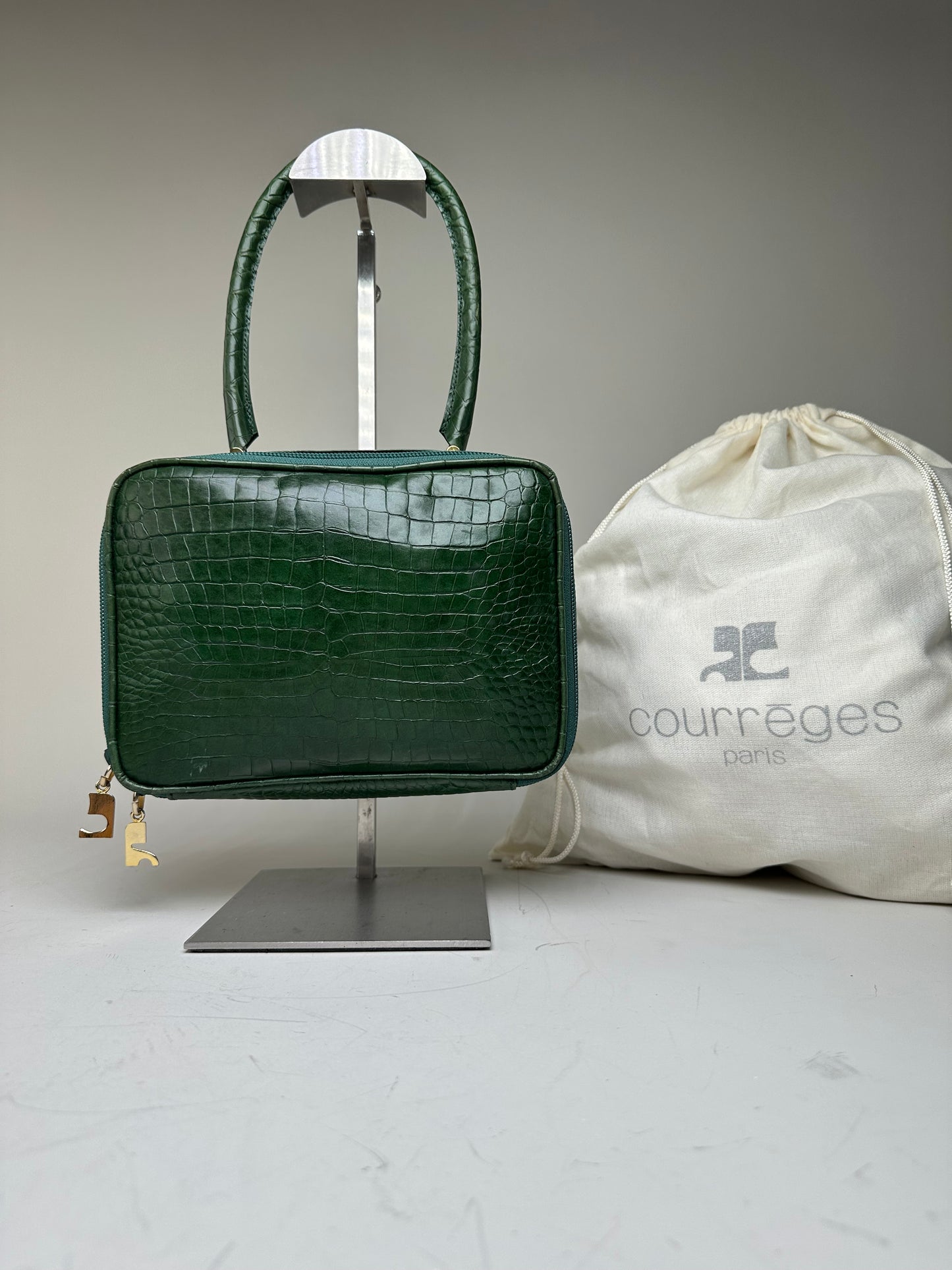 Vintage Courreges Crocodile-Embossed Leather Handbag Dark Green